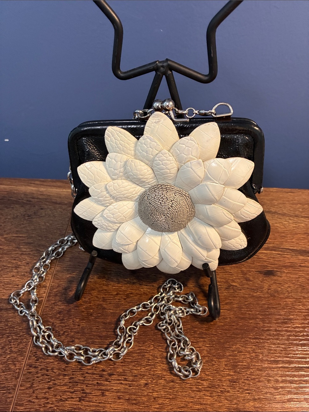 Brighton Black Crossbody Bag with Cream Floral Applique